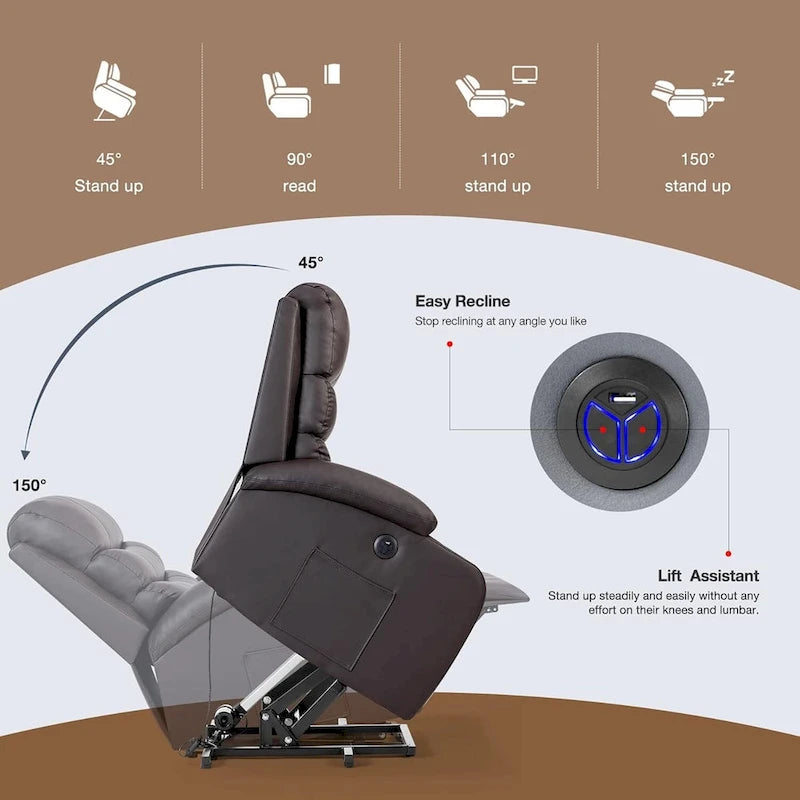 Fauteuil inclinable électrique surdimensionné avec fonction massage et chauffage, revêtement en cuir PU, port USB, porte-gobelets et poches