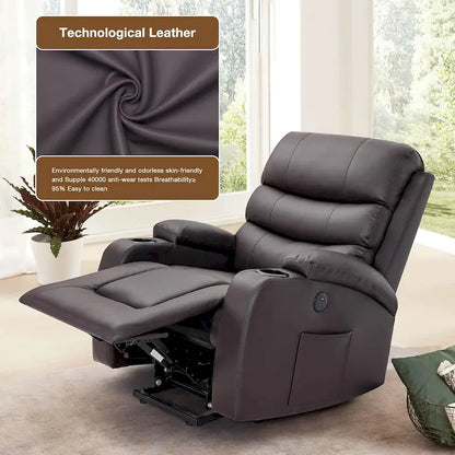 Fauteuil inclinable électrique surdimensionné avec fonction massage et chauffage, revêtement en cuir PU, port USB, porte-gobelets et poches