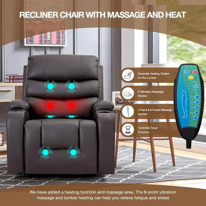 Fauteuil inclinable électrique surdimensionné avec fonction massage et chauffage, revêtement en cuir PU, port USB, porte-gobelets et poches