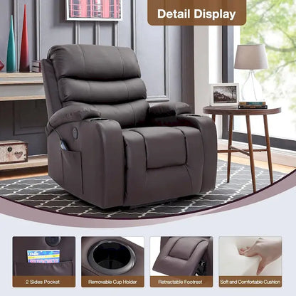 Fauteuil inclinable électrique surdimensionné avec fonction massage et chauffage, revêtement en cuir PU, port USB, porte-gobelets et poches