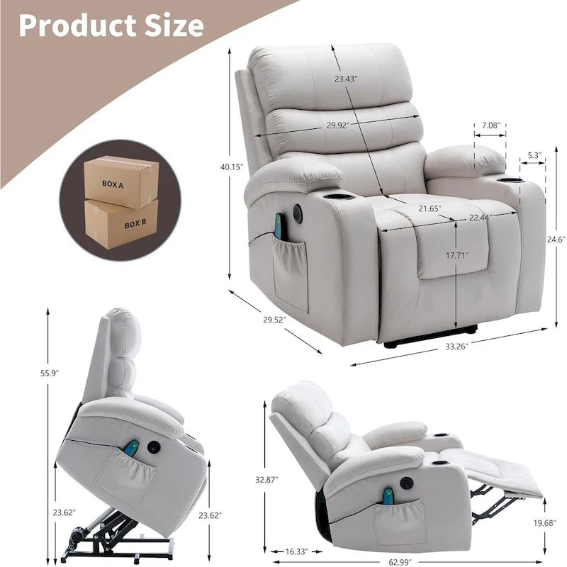 Fauteuil inclinable électrique surdimensionné avec fonction massage et chauffage, revêtement en cuir PU, port USB, porte-gobelets et poches