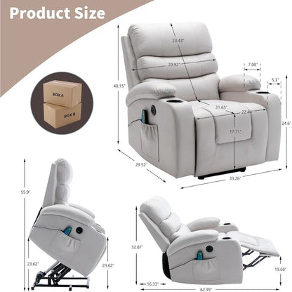 Fauteuil inclinable électrique surdimensionné avec fonction massage et chauffage, revêtement en cuir PU, port USB, porte-gobelets et poches
