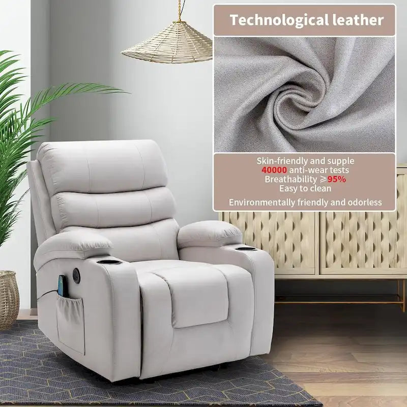 Fauteuil inclinable électrique surdimensionné avec fonction massage et chauffage, revêtement en cuir PU, port USB, porte-gobelets et poches