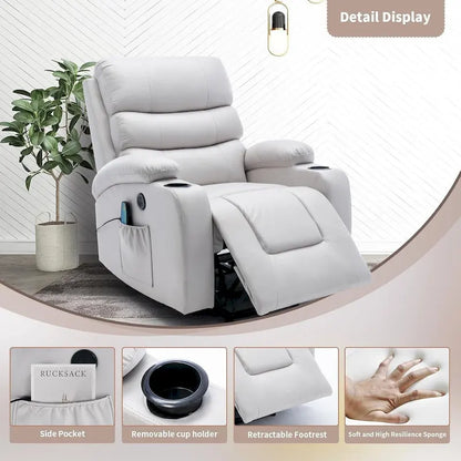 Fauteuil inclinable électrique surdimensionné avec fonction massage et chauffage, revêtement en cuir PU, port USB, porte-gobelets et poches