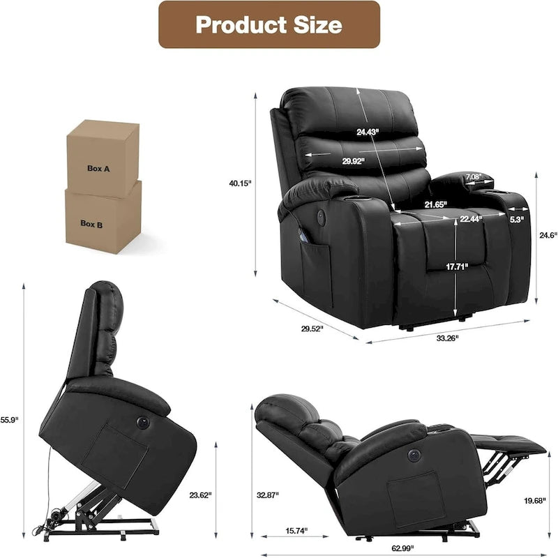 Fauteuil inclinable électrique surdimensionné avec fonction massage et chauffage, revêtement en cuir PU, port USB, porte-gobelets et poches