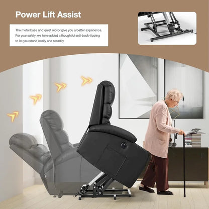Fauteuil inclinable électrique surdimensionné avec fonction massage et chauffage, revêtement en cuir PU, port USB, porte-gobelets et poches