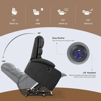 Fauteuil inclinable électrique surdimensionné avec fonction massage et chauffage, revêtement en cuir PU, port USB, porte-gobelets et poches