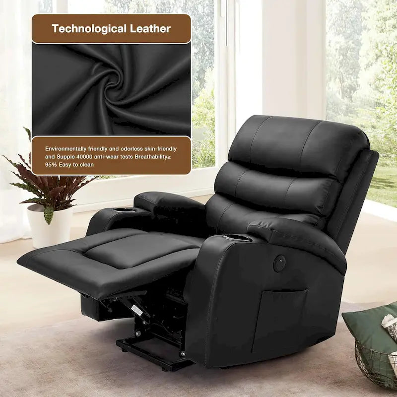Fauteuil inclinable électrique surdimensionné avec fonction massage et chauffage, revêtement en cuir PU, port USB, porte-gobelets et poches
