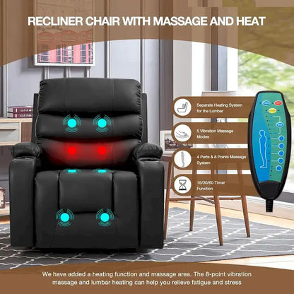 Fauteuil inclinable électrique surdimensionné avec fonction massage et chauffage, revêtement en cuir PU, port USB, porte-gobelets et poches