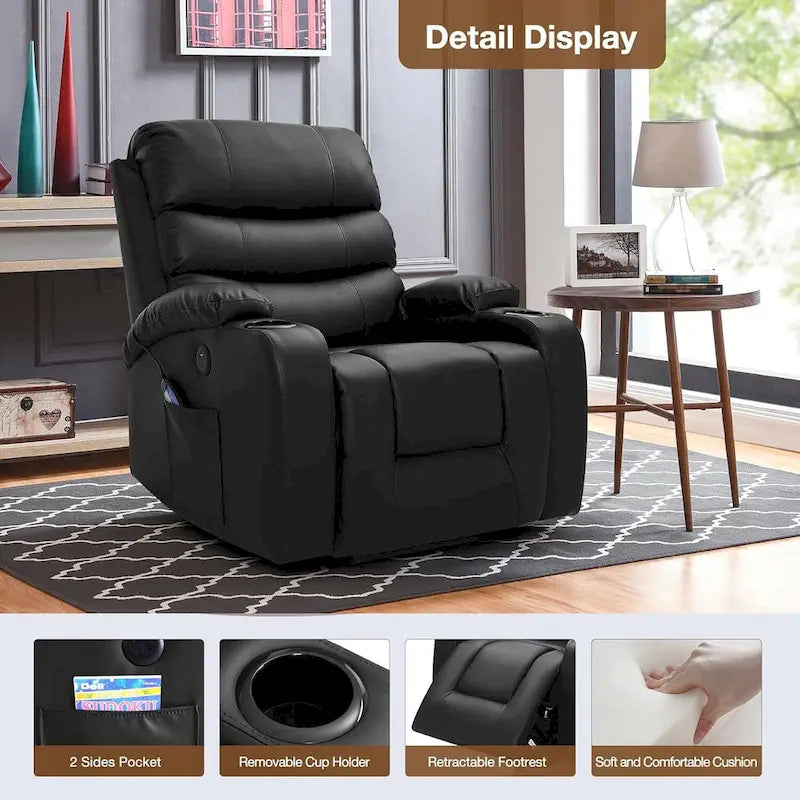 Fauteuil inclinable électrique surdimensionné avec fonction massage et chauffage, revêtement en cuir PU, port USB, porte-gobelets et poches