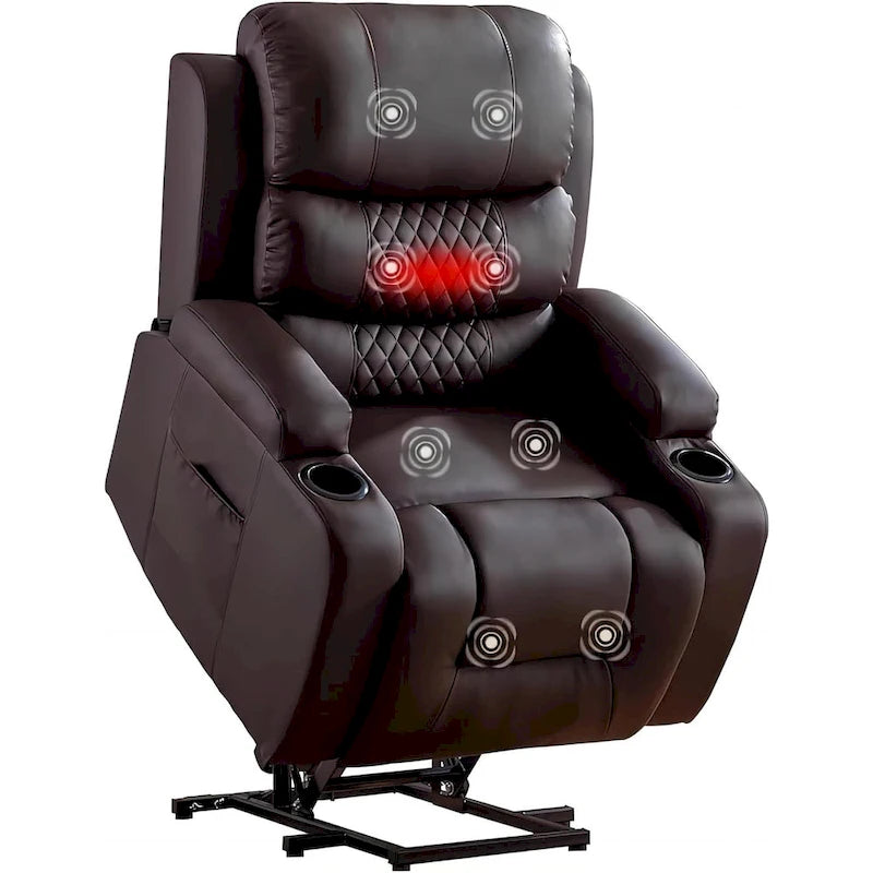 Fauteuil inclinable électrique surdimensionné avec fonction massage et chauffage, revêtement en cuir PU, port USB, porte-gobelets et poches