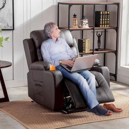 Fauteuil inclinable électrique surdimensionné avec fonction massage et chauffage, revêtement en cuir PU, port USB, porte-gobelets et poches