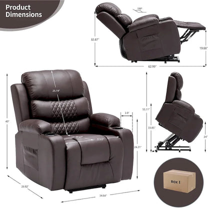 Fauteuil inclinable électrique surdimensionné avec fonction massage et chauffage, revêtement en cuir PU, port USB, porte-gobelets et poches