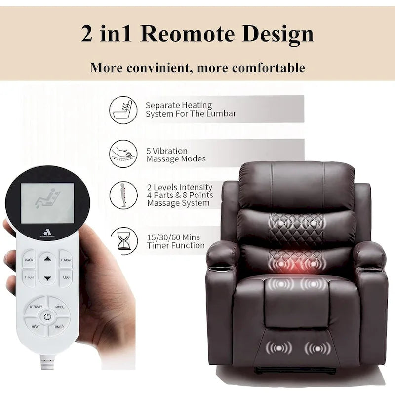 Fauteuil inclinable électrique surdimensionné avec fonction massage et chauffage, revêtement en cuir PU, port USB, porte-gobelets et poches