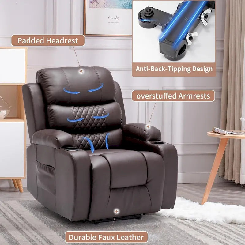 Fauteuil inclinable électrique surdimensionné avec fonction massage et chauffage, revêtement en cuir PU, port USB, porte-gobelets et poches