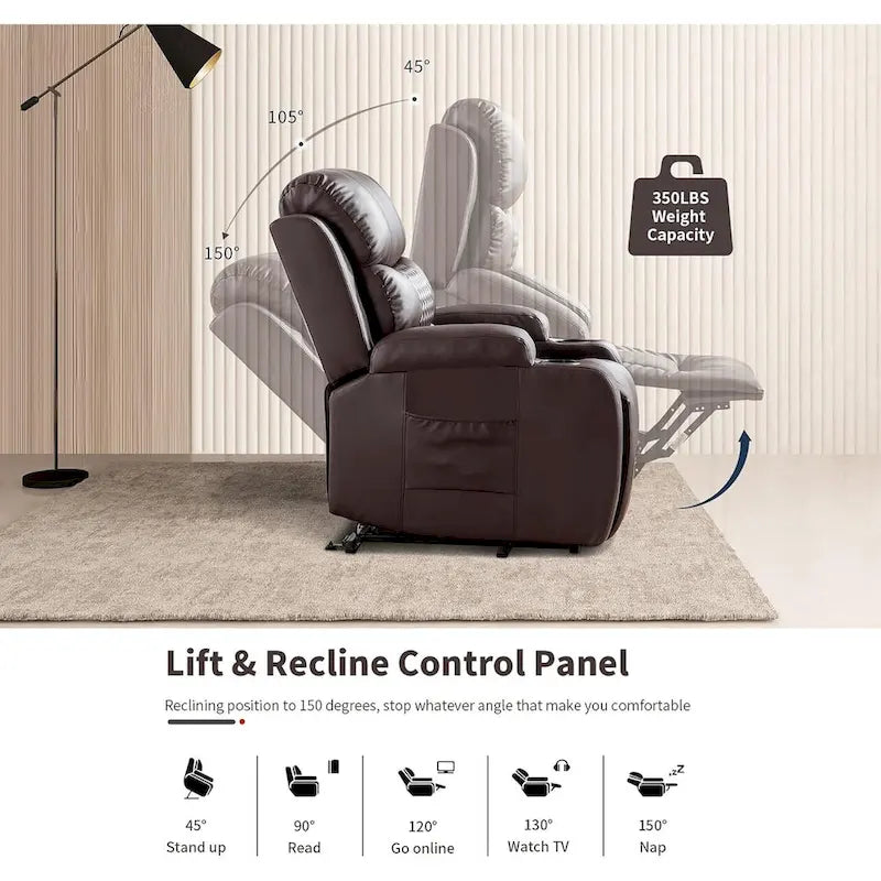 Fauteuil inclinable électrique surdimensionné avec fonction massage et chauffage, revêtement en cuir PU, port USB, porte-gobelets et poches