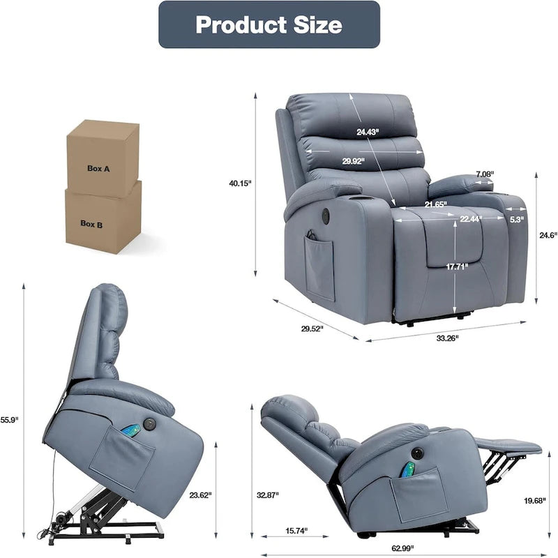 Fauteuil inclinable électrique surdimensionné avec fonction massage et chauffage, revêtement en cuir PU, port USB, porte-gobelets et poches