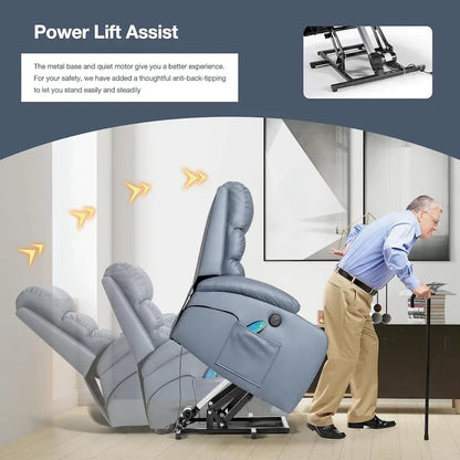 Fauteuil inclinable électrique surdimensionné avec fonction massage et chauffage, revêtement en cuir PU, port USB, porte-gobelets et poches