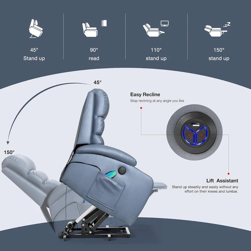 Fauteuil inclinable électrique surdimensionné avec fonction massage et chauffage, revêtement en cuir PU, port USB, porte-gobelets et poches