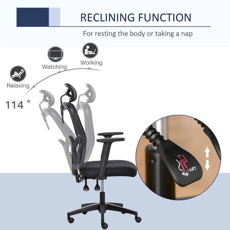 Chaise de bureau ergonomique Vinsetto en maille, dossier haut, soutien lombaire, appui-tête pivotant et réglable.