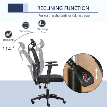 Chaise de bureau ergonomique Vinsetto en maille, dossier haut, soutien lombaire, appui-tête pivotant et réglable.