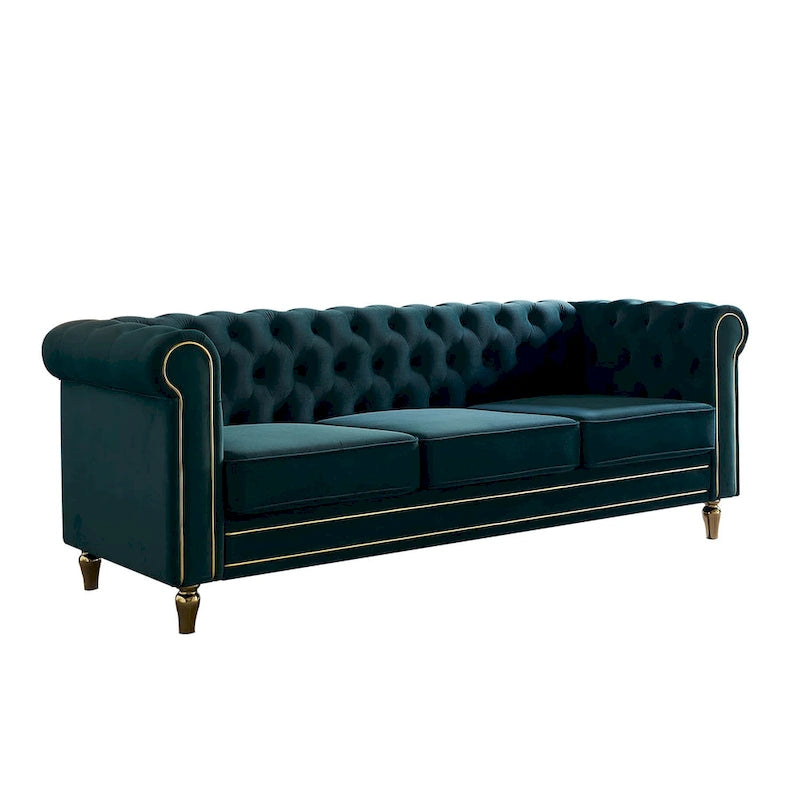 Canapé Chesterfield en velours avec garniture dorée