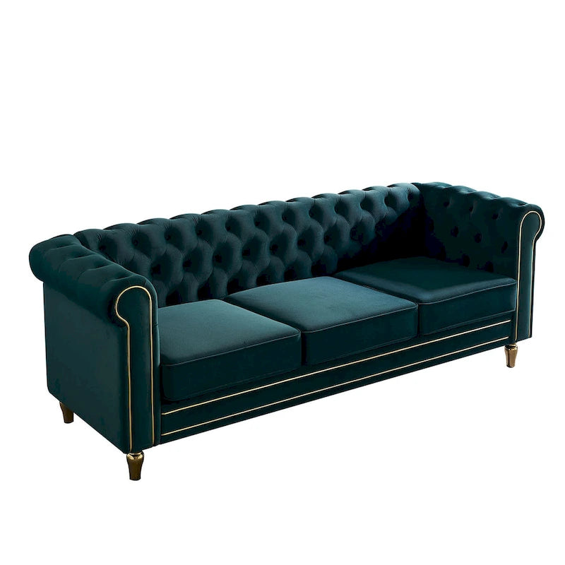 Canapé Chesterfield en velours avec garniture dorée