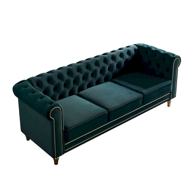 Canapé Chesterfield en velours avec garniture dorée
