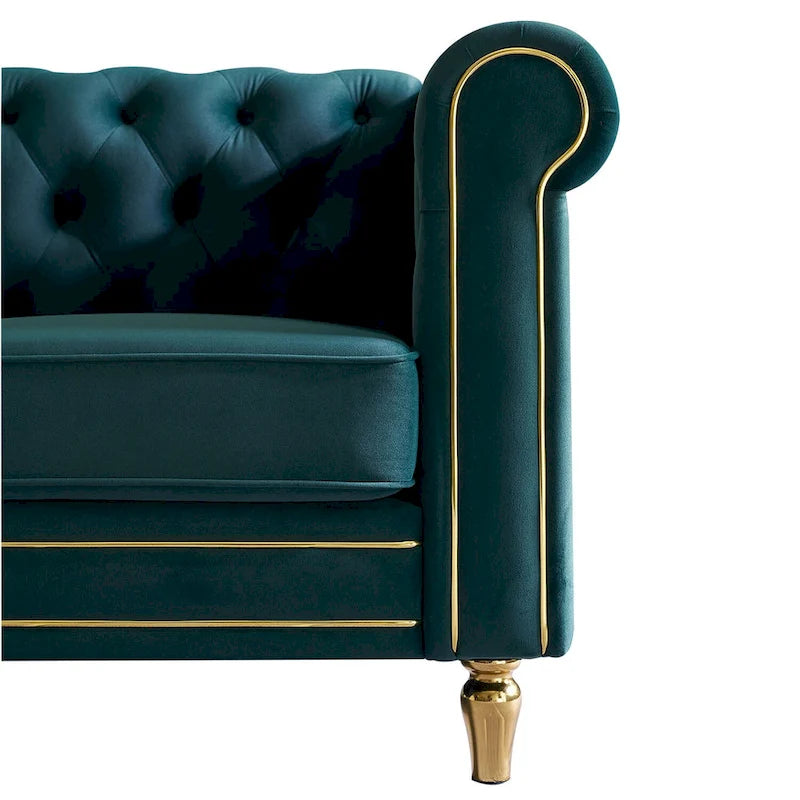 Canapé Chesterfield en velours avec garniture dorée