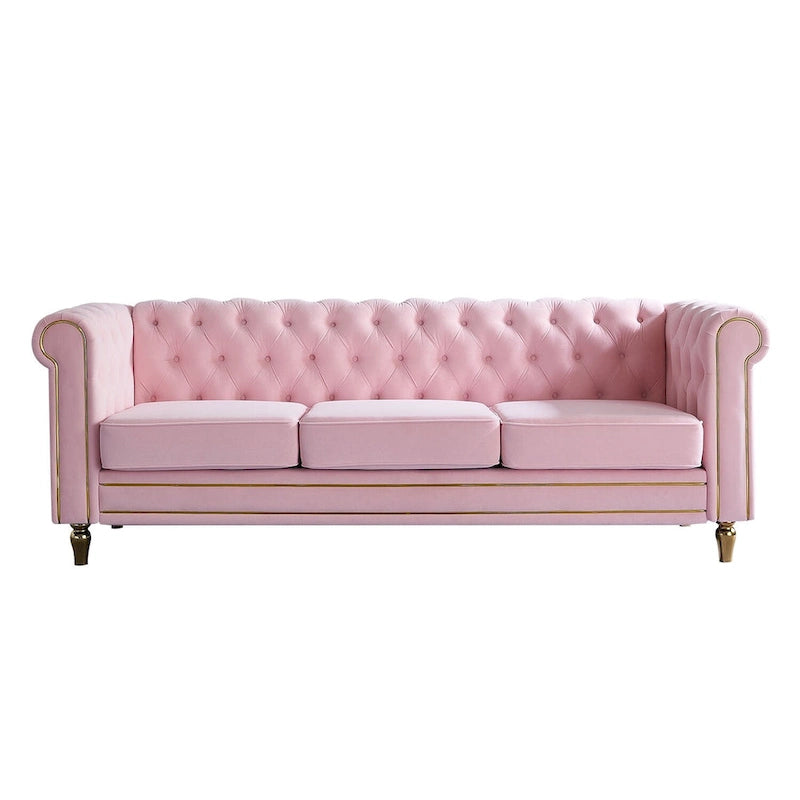 Canapé Chesterfield en velours avec garniture dorée