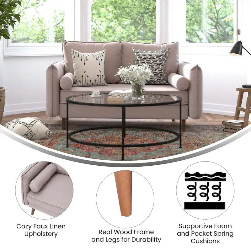 Canapé deux places compact en simili lin avec pieds en bois