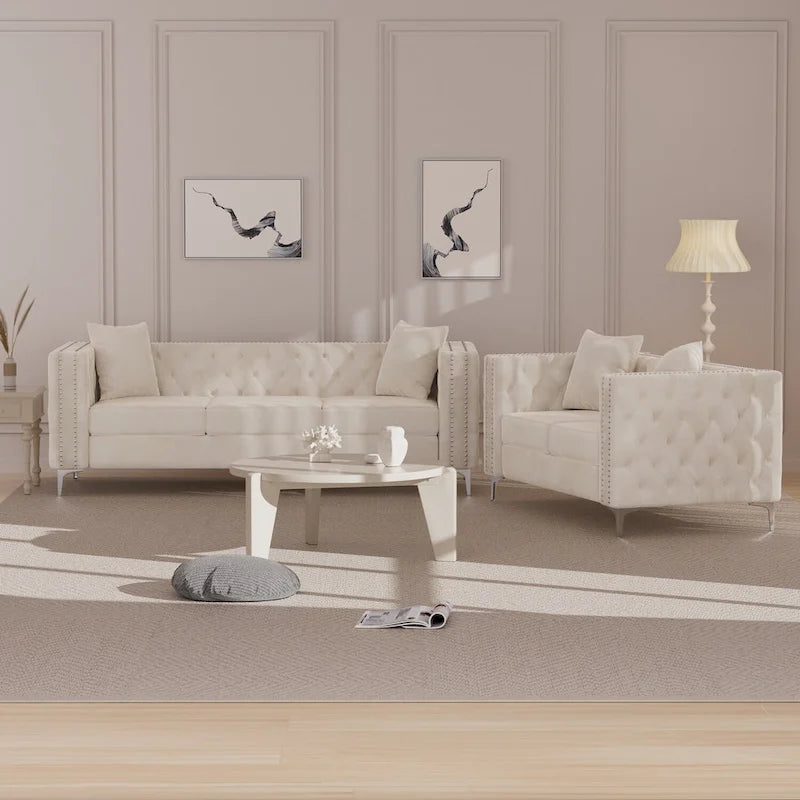 Ensemble canapé et causeuse modernes 2 pièces Morden Fort, en velours beige hollandais, pieds en fer