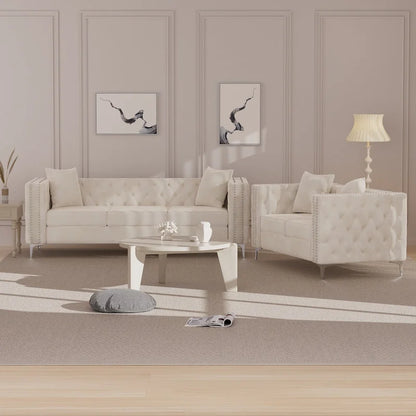 Ensemble canapé et causeuse modernes 2 pièces Morden Fort, en velours beige hollandais, pieds en fer