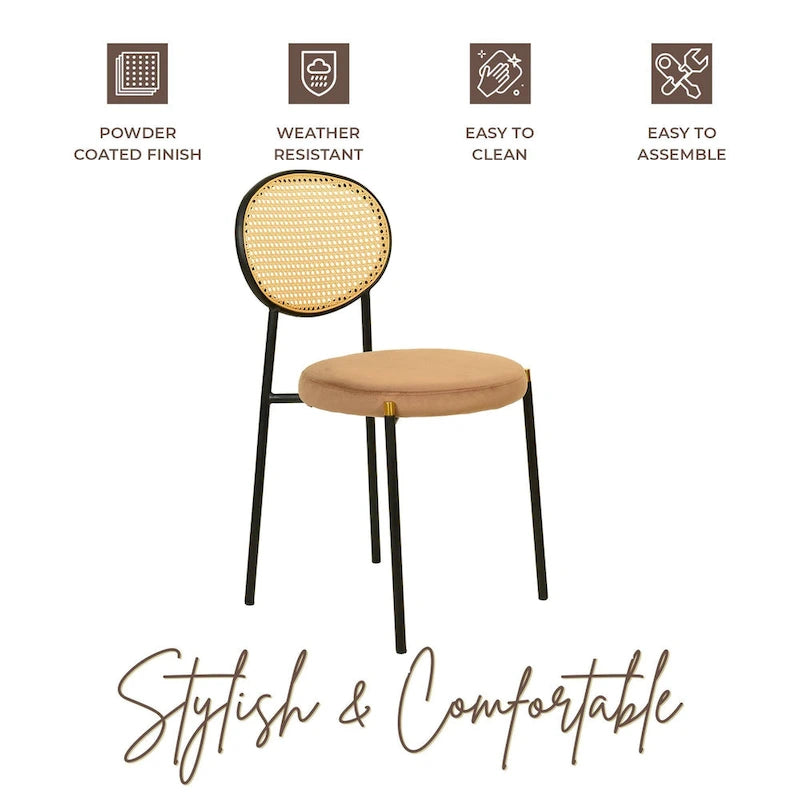 Ensemble de 2 chaises de salle à manger modernes Euston avec dossier en osier et assise en velours rembourrée, idéales pour la maison, le bureau, le salon et la cuisine.