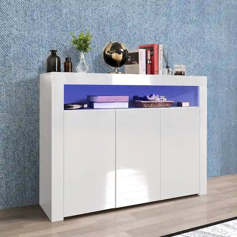 Buffet de rangement laqué brillant avec éclairage LED