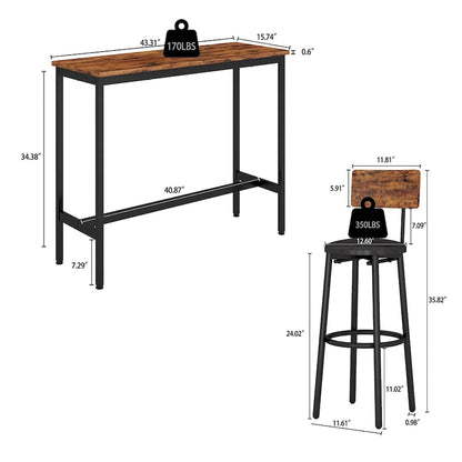 Ensemble bistro 3 pièces, table à manger et tabourets rembourrés avec dossier