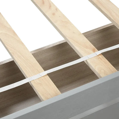 Lit plateforme en bois Nestfair pour lit simple, avec deux tiroirs et tête de lit.