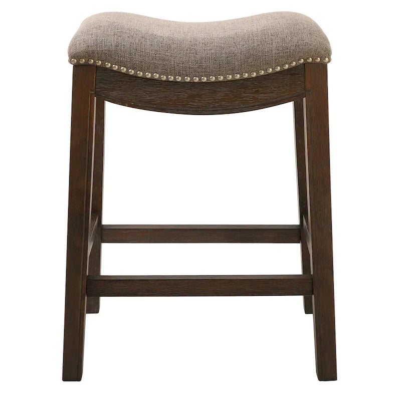 Chaise de bar HomeRoots 26 en tissu gris et marron et bois massif, sans dossier, hauteur comptoir