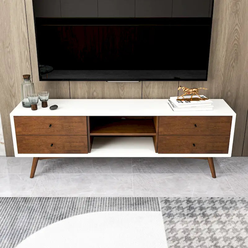 Meuble TV blanc style Mid-Century avec structure en bois massif et 6 compartiments de rangement, console TV moderne en noyer