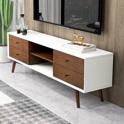 Meuble TV blanc style Mid-Century avec structure en bois massif et 6 compartiments de rangement, console TV moderne en noyer