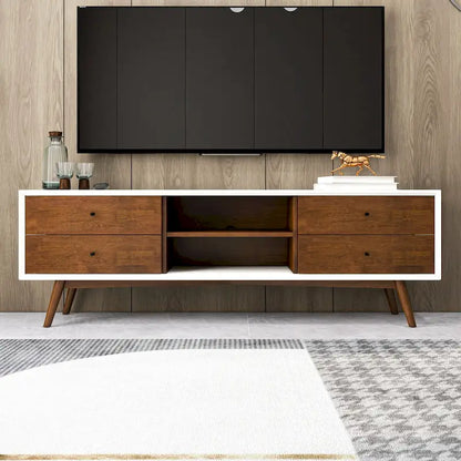 Meuble TV blanc style Mid-Century avec structure en bois massif et 6 compartiments de rangement, console TV moderne en noyer