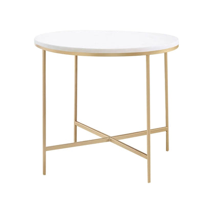 Round Faux Marble End Table with Metal Legs in White and Gold