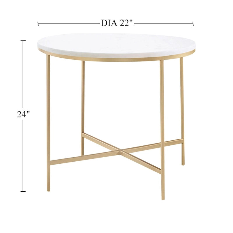 Table d'appoint ronde en faux marbre avec pieds en métal blanc et doré