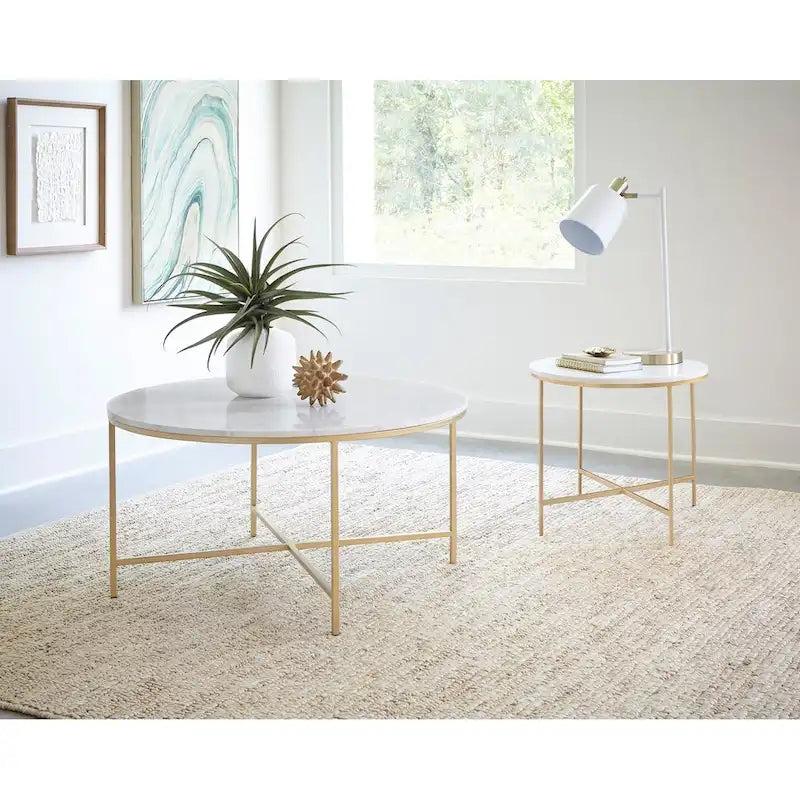 Table d'appoint ronde en faux marbre avec pieds en métal blanc et doré