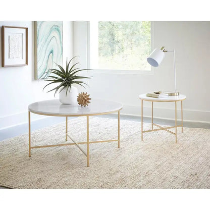 Table d'appoint ronde en faux marbre avec pieds en métal blanc et doré