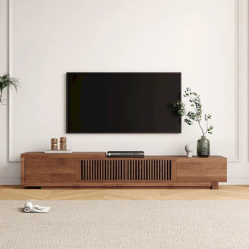 Meuble TV moderne rétractable et extensible avec 4 tiroirs, jusqu'à 262 cm (103 pouces) - 199,4 cm (78,54 po) de profondeur x 40 cm (15,74 po) de largeur x 35 cm (13,78 po) de hauteur