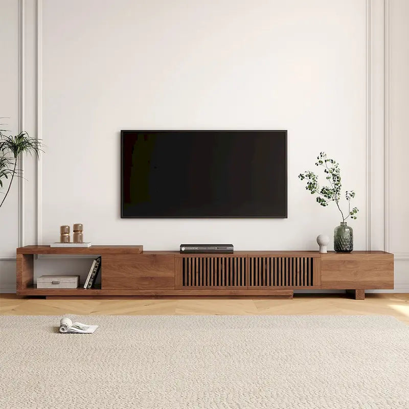 Meuble TV moderne rétractable et extensible avec 4 tiroirs, jusqu'à 262 cm (103 pouces) - 199,4 cm (78,54 po) de profondeur x 40 cm (15,74 po) de largeur x 35 cm (13,78 po) de hauteur