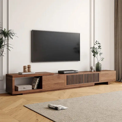 Meuble TV moderne rétractable et extensible avec 4 tiroirs, jusqu'à 262 cm (103 pouces) - 199,4 cm (78,54 po) de profondeur x 40 cm (15,74 po) de largeur x 35 cm (13,78 po) de hauteur