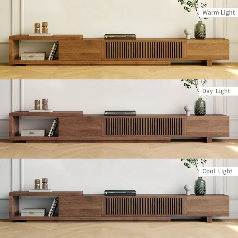 Meuble TV moderne rétractable et extensible avec 4 tiroirs, jusqu'à 262 cm (103 pouces) - 199,4 cm (78,54 po) de profondeur x 40 cm (15,74 po) de largeur x 35 cm (13,78 po) de hauteur