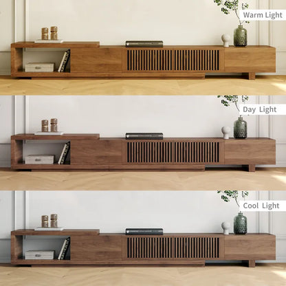 Meuble TV moderne rétractable et extensible avec 4 tiroirs, jusqu'à 262 cm (103 pouces) - 199,4 cm (78,54 po) de profondeur x 40 cm (15,74 po) de largeur x 35 cm (13,78 po) de hauteur